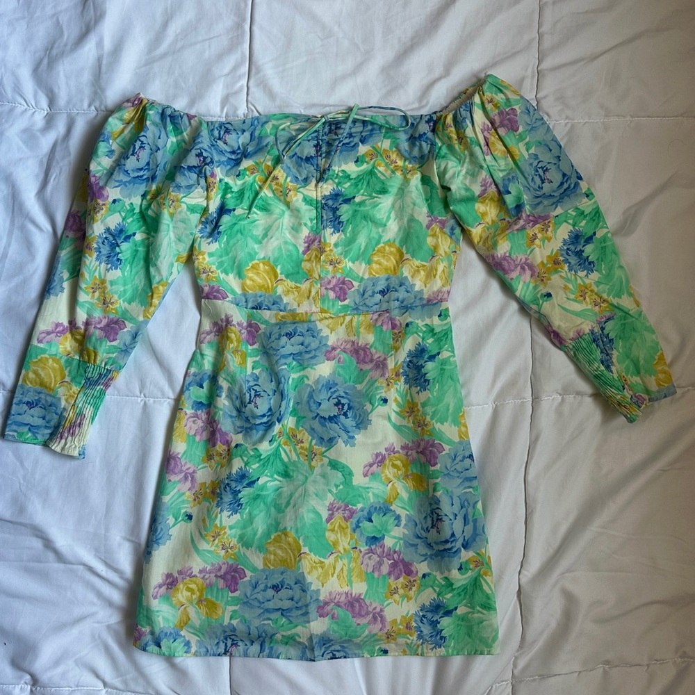 Zara Blue and Yellow Off-Shoulder Puff Sleeve Sheath Dress